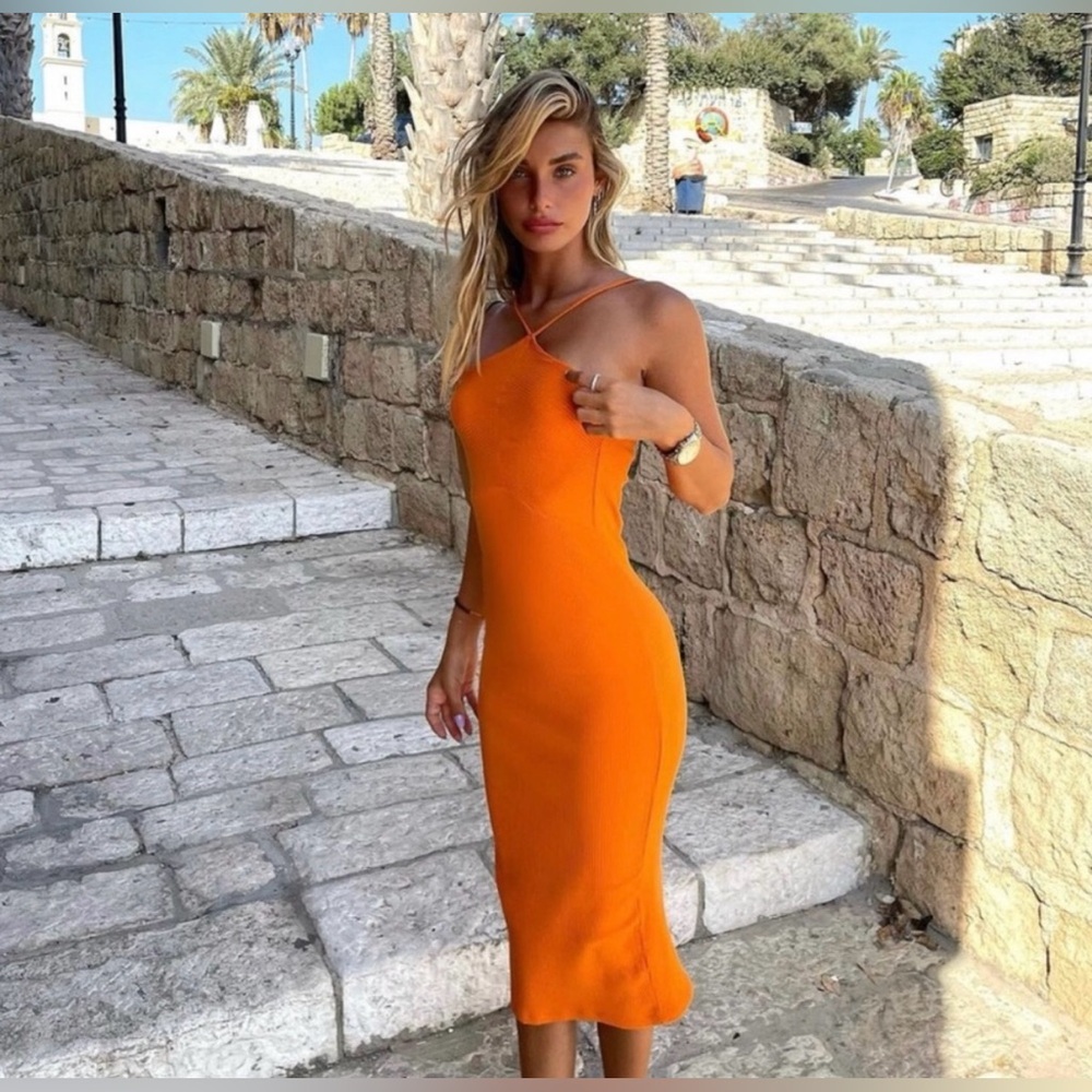 Zara Orange Ribbed Halter Midi Dress | Summer Resort Cocktail Style | Size L - Picture 4 of 9